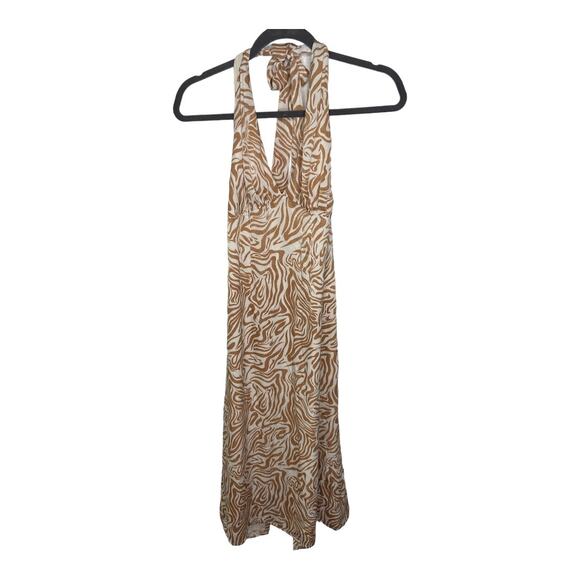 Song of Style Jude Zebra Print Halter Midi Dress Open Back Slit Tan Ivory Size S - Picture 4 of 12